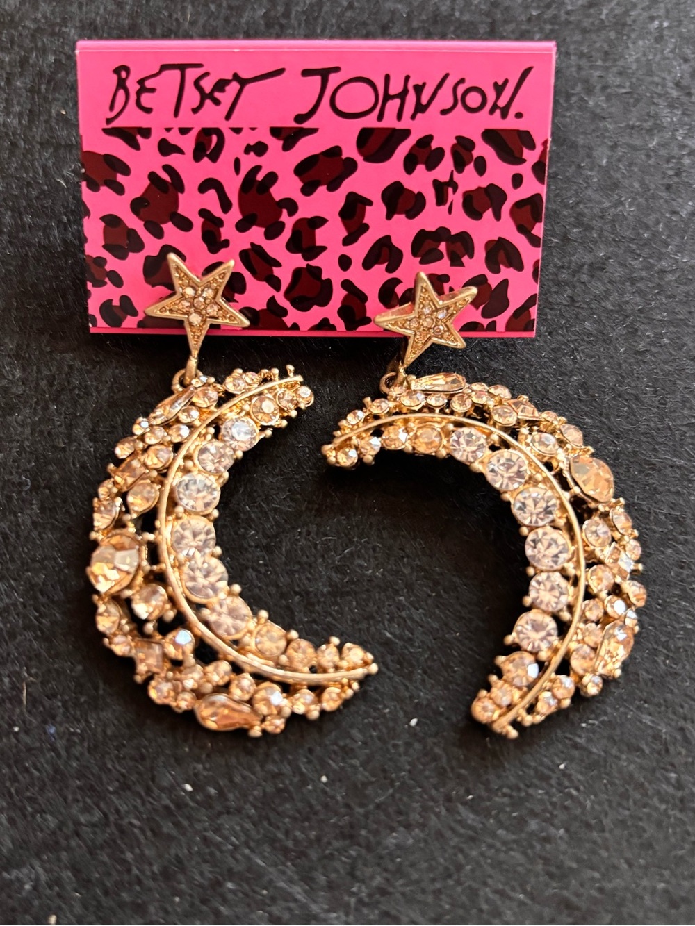 Betsey Johnson Gold Crystal Crescent Moon & Star Drop Earrings